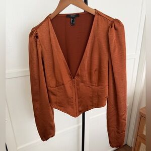 Rust Satin Deep V Zip-Front Blouse